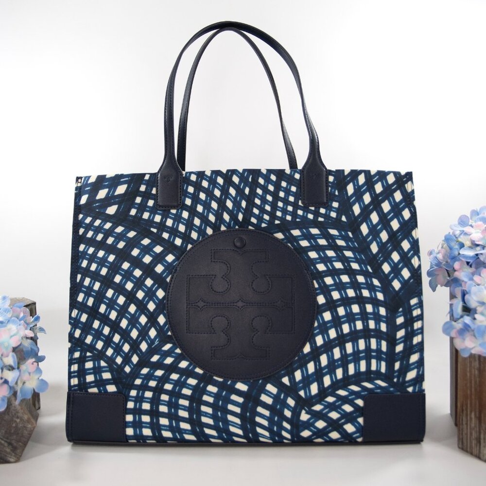 Tory Burch Ella Wavy Gingham Navy Nylon Natural Leather Large Tote Bag NWT